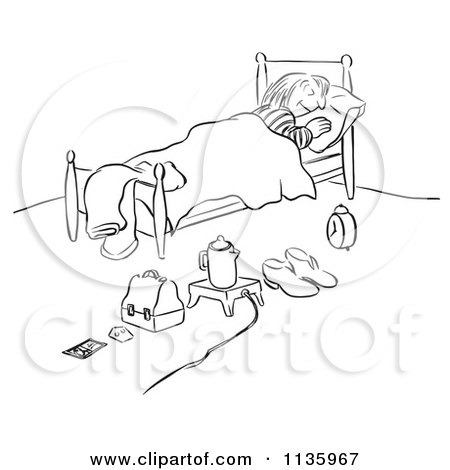 Clipart Of A Retro Vintage Organized Woman Sleeping With Everything Ready For Morning Black And White - Royalty Free Vector Illustration by Picsburg