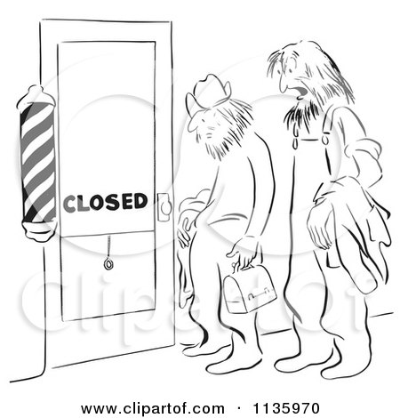 Clipart Of A Retro Vintage Shaggy Men At A Closed Barber Shop Door Black And White - Royalty Free Vector Illustration by Picsburg