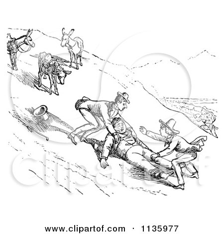 Clipart Of A Retro Vintage Man Falling Off A Donkey In Black And White 2 - Royalty Free Vector Illustration by Picsburg