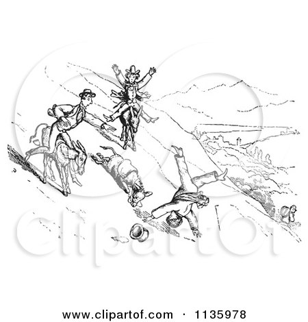 Clipart Of A Retro Vintage Man Falling Off A Donkey In Black And White 1 - Royalty Free Vector Illustration by Picsburg