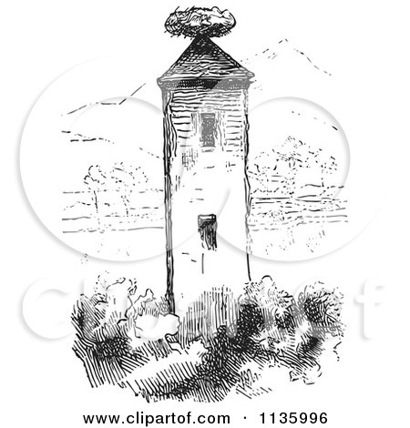 Clipart Of A Retro Vintage Stork Nest On A Tower In Black And White - Royalty Free Vector Illustration by Picsburg