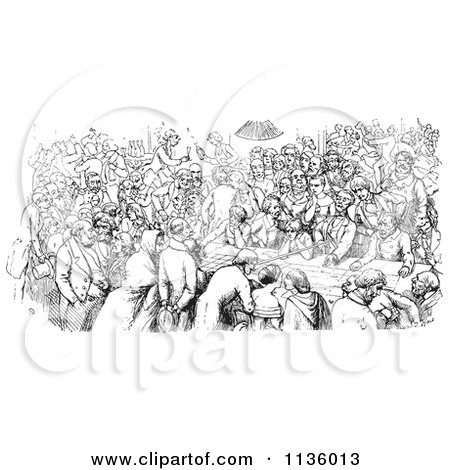 Clipart Of A Retro Vintage Crowded Pub In Black And White - Royalty Free Vector Illustration by Picsburg