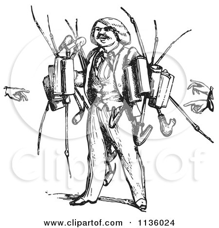 Clipart Of A Retro Vintage Pipe Vendor In Black And White - Royalty Free Vector Illustration by Picsburg