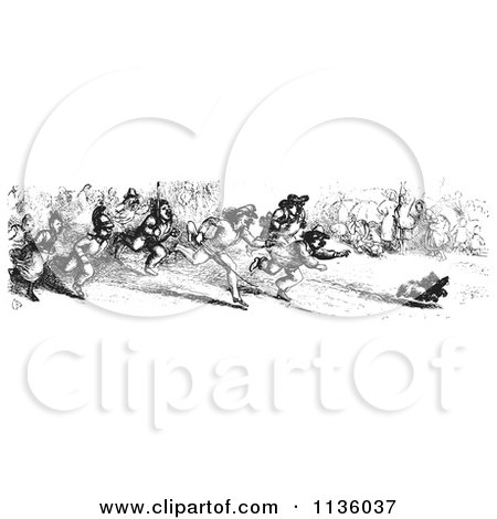 Clipart Of A Retro Vintage Crowd Chasing A Dog Who Stole A Sausage In Black And White - Royalty Free Vector Illustration by Picsburg