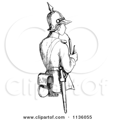Clipart Of A Retro Vintage Soldier Smoking A Pipe In Black And White - Royalty Free Vector Illustration by Picsburg