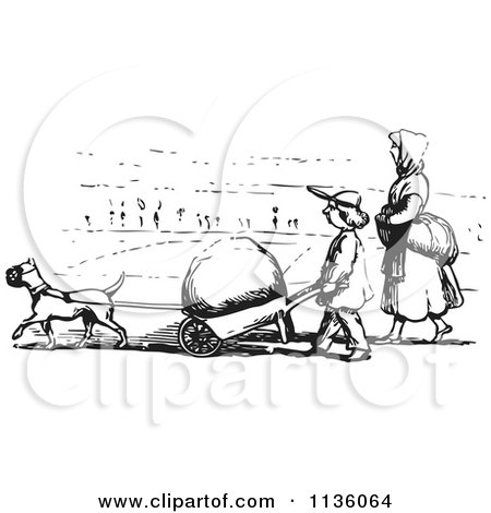 Clipart Of A Retro Vintage Dog Pulling A Boulder In A Wheel Barrow In Black And White - Royalty Free Vector Illustration by Picsburg