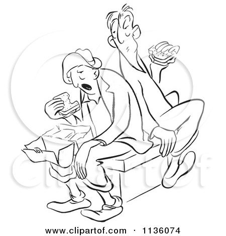 Clipart Of A Retro Vintage Worker Men Eating Sandwiches For Lunch Black And White - Royalty Free Vector Illustration by Picsburg