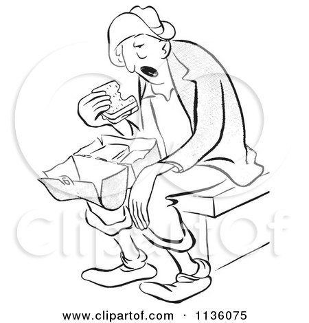 Clipart Of A Retro Vintage Tired Worker Man Eating A Sandwich For Lunch Black And White - Royalty Free Vector Illustration by Picsburg