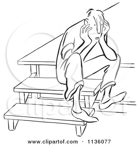 Clipart Of A Retro Vintage Sad Man Sitting On Steps Black And White - Royalty Free Vector Illustration by Picsburg