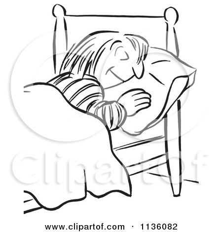 Clipart Of A Retro Vintage Woman Sleeping Black And White - Royalty Free Vector Illustration by Picsburg