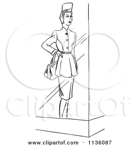Clipart Of A Retro Vintage Window Mannequin Display Model In A Dress Black And White - Royalty Free Vector Illustration by Picsburg