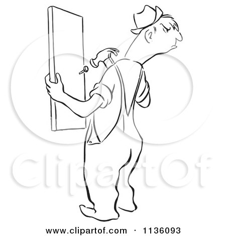 Clipart Of A Retro Vintage Angry Man Repairing A Fence Black And White - Royalty Free Vector Illustration by Picsburg