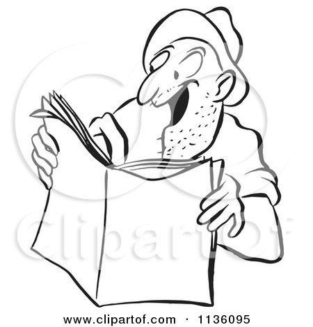 Clipart Of A Retro Vintage Worker Man Reading An Exciting Story Black And White - Royalty Free Vector Illustration by Picsburg