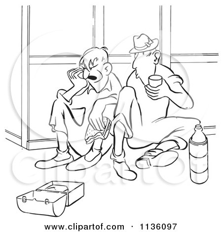 Clipart Of Retro Vintage Worker Men Taking A Lunch Break Black And White - Royalty Free Vector Illustration by Picsburg