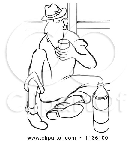 Clipart Of A Retro Vintage Worker Man Drinking Water On His Break Black And White - Royalty Free Vector Illustration by Picsburg