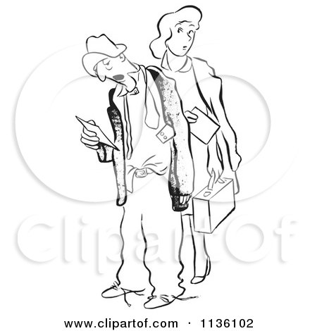 Clipart Of A Retro Vintage Tired Worker Man And Woman With Time Sheets Black And White - Royalty Free Vector Illustration by Picsburg