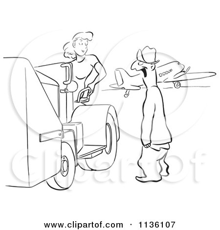 Clipart Of A Retro Vintage Man Gaping At A Worker Woman Black And White - Royalty Free Vector Illustration by Picsburg