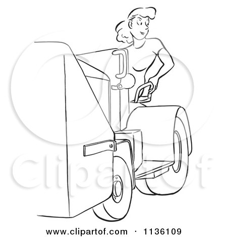 Clipart Of A Retro Vintage Worker Woman And A Machine Black And White - Royalty Free Vector Illustration by Picsburg