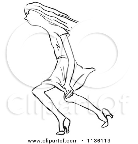 Clipart Of A Retro Vintage Woman Trying To Keep Her Dress Down In The Wind Black And White - Royalty Free Vector Illustration by Picsburg