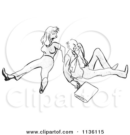 Clipart Of A Retro Vintage Angry Man And Woman After Falling Black And White - Royalty Free Vector Illustration by Picsburg