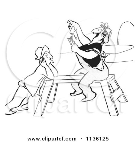 Clipart Of A Retro Vintage Worker Woman Sitting On A Saw Horse And Rolling A Cigarette Black And White - Royalty Free Vector Illustration by Picsburg