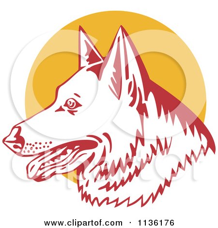 Clipart Of A Retro German Shepherd Dog Head Over A Yellow Circle - Royalty Free Vector Illustration by patrimonio