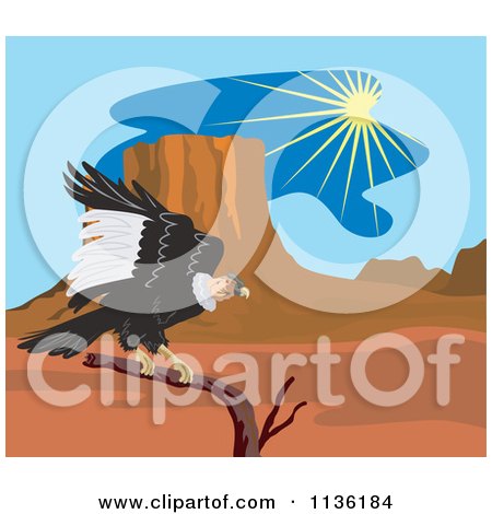 Clipart Of A Condor Vulture Landing In A Desert - Royalty Free Vector Illustration by patrimonio