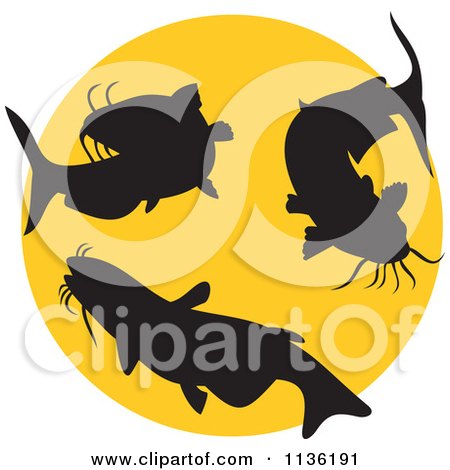 Clipart Of A Retro Silhouetted Catfish Over A Yellow Circle - Royalty Free Vector Illustration by patrimonio