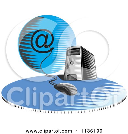 Clipart Of A Desktop Computer Server Tower Connected An Email Globe - Royalty Free Vector Illustration by patrimonio