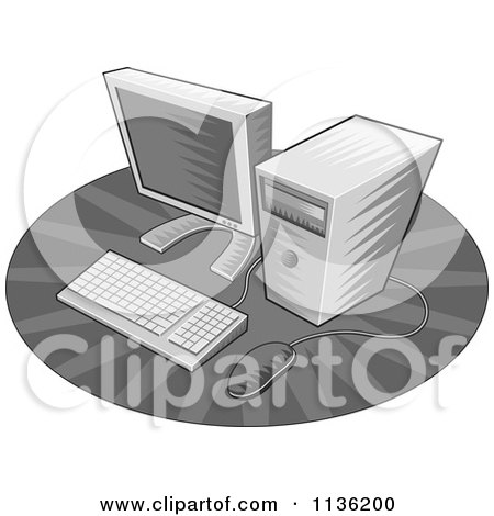 Clipart Of A Retro Grayscale Desktop Computer - Royalty Free Vector Illustration by patrimonio