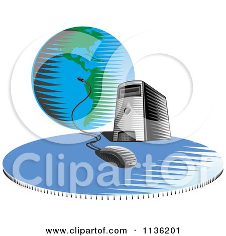 Clipart Of A Desktop Computer Server Tower Connected A Globe - Royalty Free Vector Illustration by patrimonio