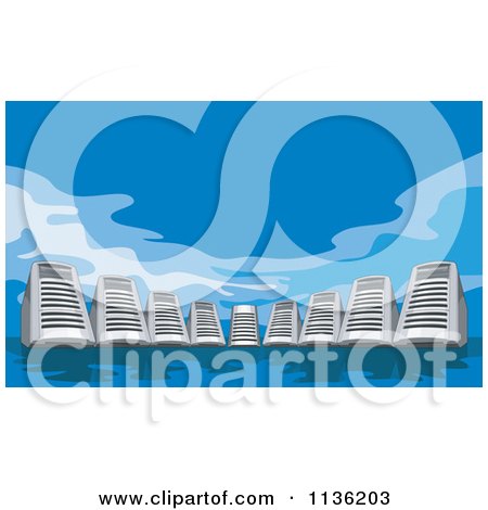 Clipart Of Computer Server Skyscrapers Over Blue - Royalty Free Vector Illustration by patrimonio