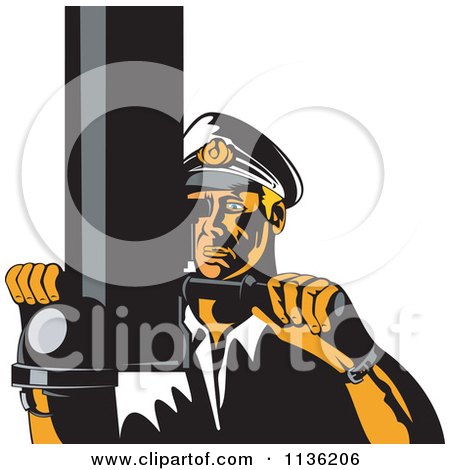 Clipart Of A Retro Submarine Captain Viewing Through A Periscope - Royalty Free Vector Illustration by patrimonio