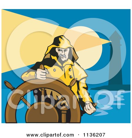 Clipart Of A Retro Captain And Helm Near A Lighthouse - Royalty Free Vector Illustration by patrimonio