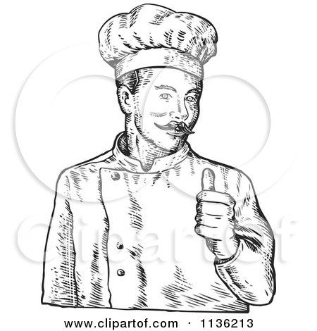 Clipart Of A Black And White Sketched Chef Giving A Thumb Up - Royalty Free Vector Illustration by patrimonio