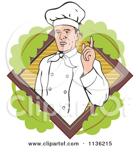 Clipart Of A Retro Chef Holding Up A Finger Over A Leafy Diamond - Royalty Free Vector Illustration by patrimonio