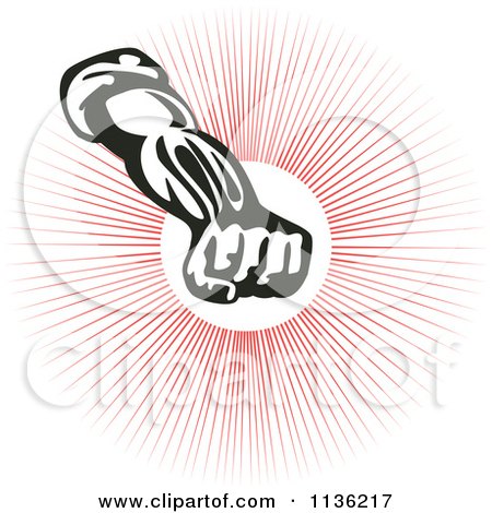 Clipart Of A Retro Fist Punching Over Red Rays - Royalty Free Vector Illustration by patrimonio