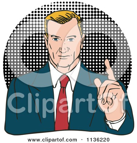 Clipart Of A Retro Businessman Holding Up A Finger Over Halftone - Royalty Free Vector Illustration by patrimonio