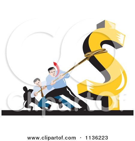 Clipart Of Retro Businessman Pulling Against A Dollar Symbol - Royalty Free Vector Illustration by patrimonio
