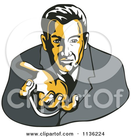 Clipart Of A Retro Businessman Reaching His Hand Outwards - Royalty Free Vector Illustration by patrimonio