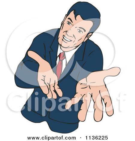 Clipart Of A Retro Businessman Extending His Hands Outwards - Royalty Free Vector Illustration by patrimonio