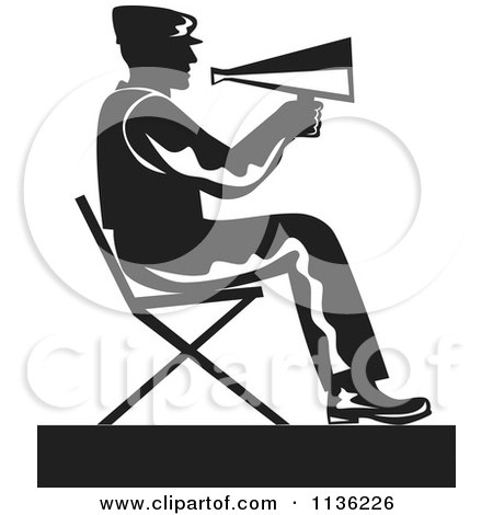 Clipart Of A Retro Black And White Film Director Sitting With A Cone - Royalty Free Vector Illustration by patrimonio