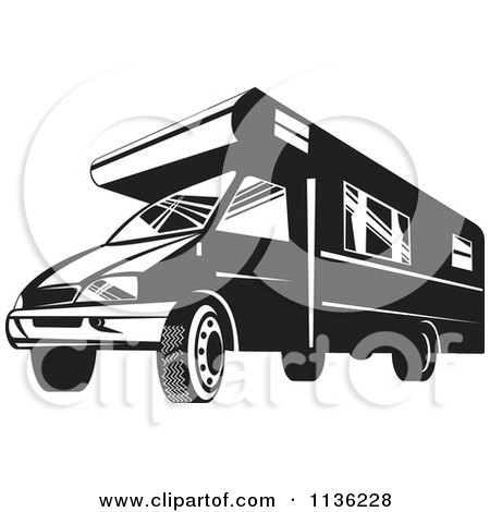 Clipart Of A Retro Black And White Camper Van - Royalty Free Vector Illustration by patrimonio
