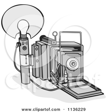 Clipart Of A Retro Grayscale Camera And Bulb - Royalty Free Vector Illustration by patrimonio