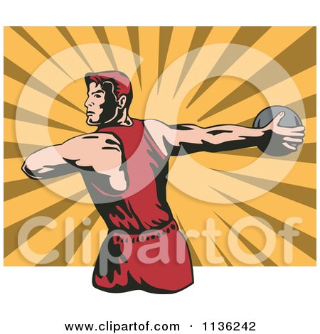 Clipart Of A Retro Discus Thrower Athlete Over Rays - Royalty Free Vector Illustration by patrimonio