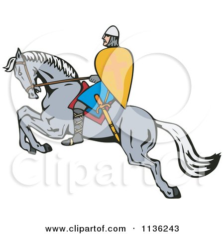 Clipart Of A Retro Crusader On A Leaping Horse - Royalty Free Vector Illustration by patrimonio