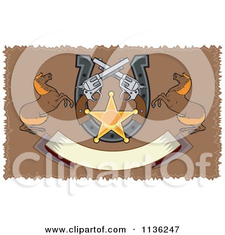 Clipart Of Retro Colt 45 Pistols Sheriff Star Horses Shoe And Banner On Brow - Royalty Free Vector Illustration by patrimonio