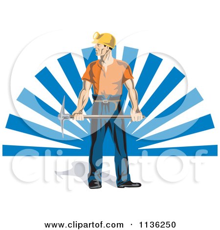 Clipart Of A Retro Coal Miner Worker Holding A Pickaxe Over Blue Rays - Royalty Free Vector Illustration by patrimonio