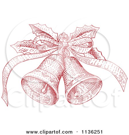 Clipart Of Red Engraved Christmas Bells And Holly - Royalty Free Vector Illustration by patrimonio