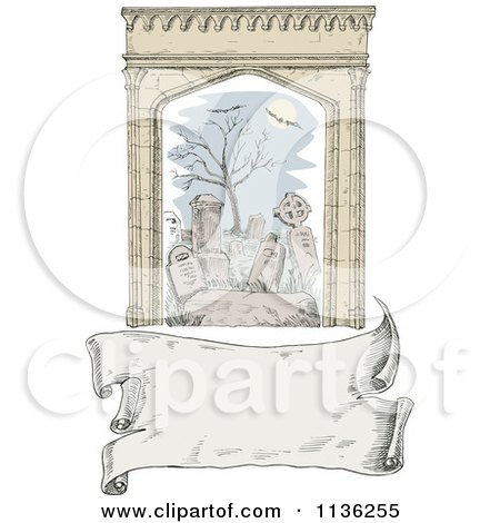 Clipart Of A Sketched Creepy Cemetery And Banner Scroll - Royalty Free Vector Illustration by patrimonio